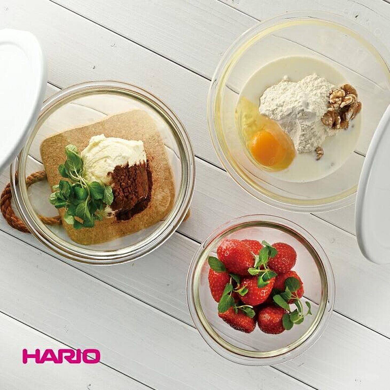 HARIO ハリオ 耐熱ガラス製 ボウル 3個セット ガラスボウル 水切り口 フタ付き 調理 容器 ガラス 食器 保存容器 電子レンジ オーブン対応 食洗機対応 日本製