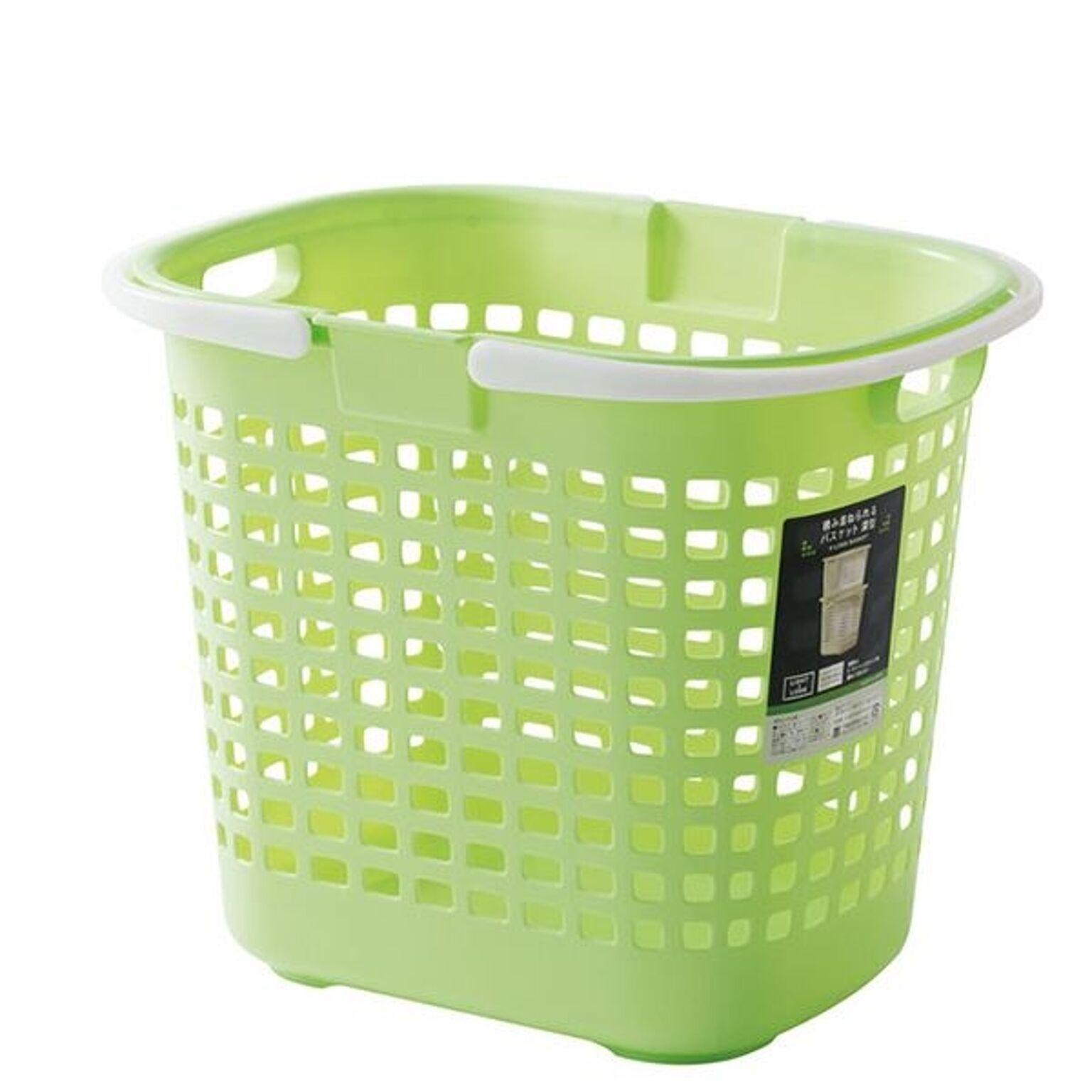 ランドリーバスケット 洗濯かご 幅34.6cm グリーン 3個組 深型 持ち手付き S-ロングバスケット 脱衣所 洗面所 おもちゃ 雑貨