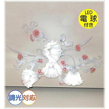 アンティーク・ガレ LED付き4灯シャンデリア 薔薇モチーフ シーリングタイプ 新品調光暖色