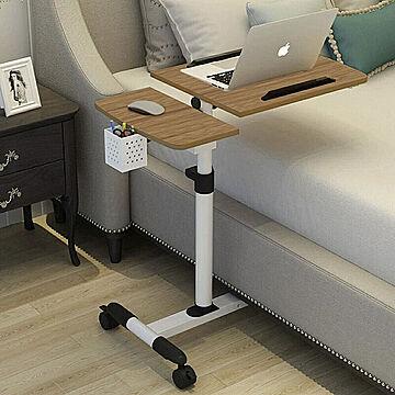 昇降式ベッドサイドテーブル 49×40cm ブラウン 角度調節可能 キャスター付き テレワーク対応