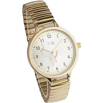 [千鶴] 腕時計 3針 猫デザイン 伸縮ジャバラベルト CDW001-002 ゴールド