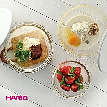 HARIO ハリオ 耐熱ガラス製 ボウル 3個セット ガラスボウル 水切り口 フタ付き 調理 容器 ガラス 食器 保存容器 電子レンジ オーブン対応 食洗機対応 日本製