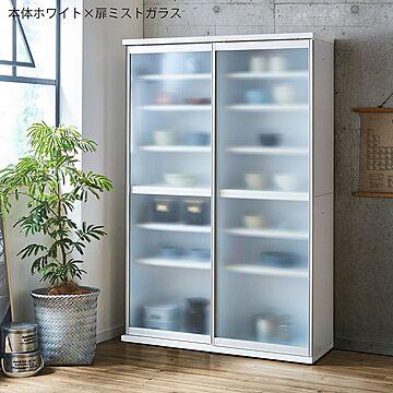 ポエム3 幅113.5cm 引き戸型 ガラス戸キッチンボード ホワイト×ミストガラス 日本製完成品