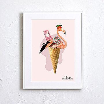 フラミンゴ アイスクリーム おしゃれコラージュ 現代アート（フレーム付き）- Leirion Hand Creation