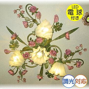 新品 アンティーク・ガレ 4灯シャンデリア 薔薇モチーフ LED付き シーリングタイプ 白色選択