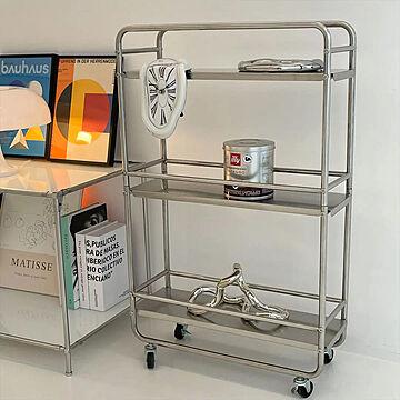 【Bauhaus Japan】Mid-century stainless steel movable trolley/スチールラック/収納家具/可動式本棚