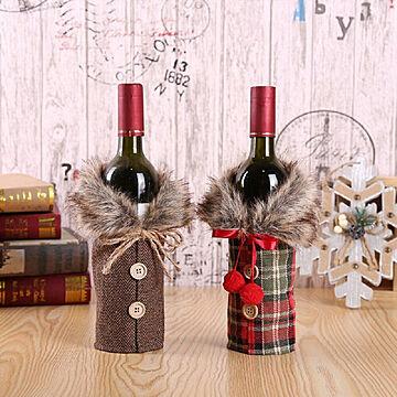 在庫限り ワインボトルカバー サンタクロースデザイン ブラウンor赤チェック クリスマスデコレーション用