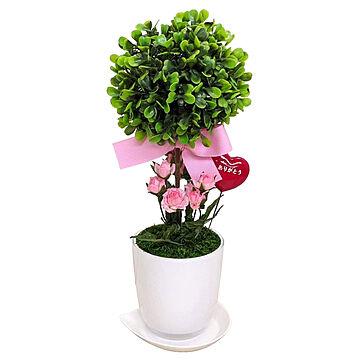 ボックスウッドトピアリー ブルーメンガルテン フェイクグリーン 31cm 鉢植え ピンク